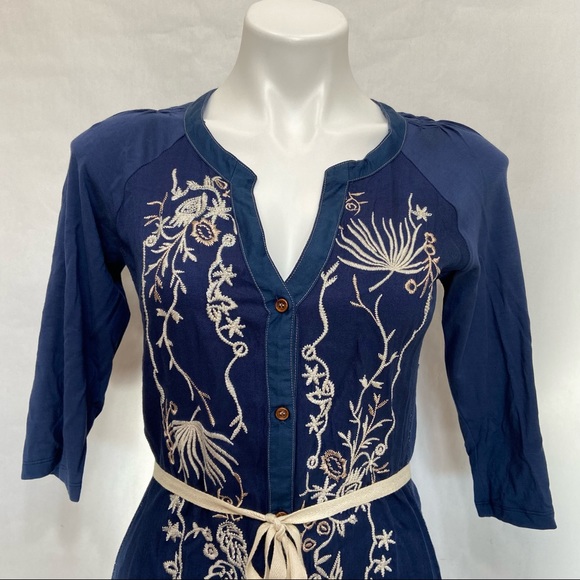 RARE ANTHROPOLOGIE TINY BLUE SILVER EMBROIDERED SASH PANEL FAIRY BOHO DRESS - Picture 7 of 14